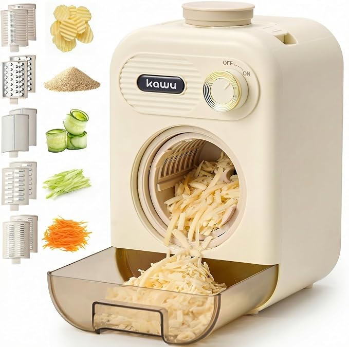 Kawu Electric Cheese Grater, 5-in-1 Salad Maker With Container, 10 Blades | Electric Vegetable Slicer For Home Kitchen, One-Touch Control, Food Processor Chopper Shredder for Block Cheese, Fruits