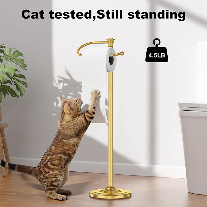 Toilet Paper Holder Free Standing, 25” H Stainless Steel Brass Gold Toilet Paper Stand, Weighted Base Floor Tissue Roll Holder for Bathroom,Toilet Roll Stand