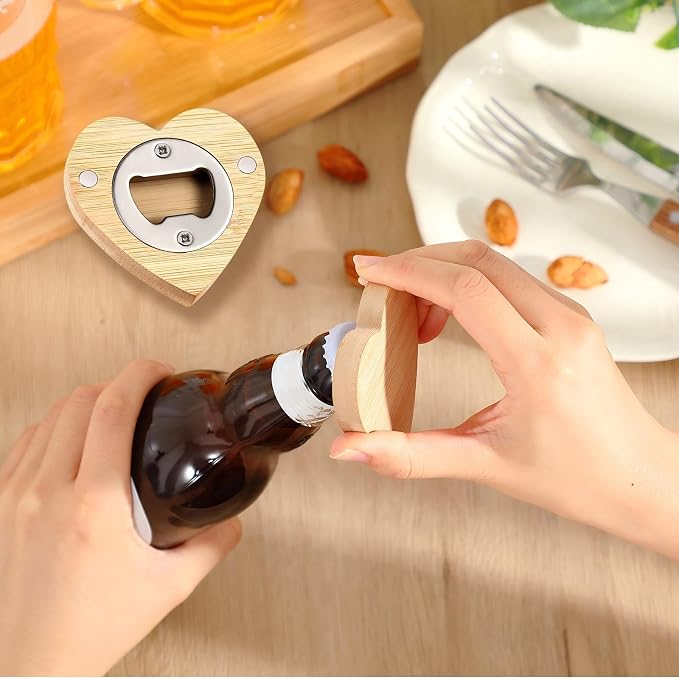 Vesici 24 Pcs Magnetic Bottle Opener 2.5in DIY Bamboo Heart Shape Beer Openers Wooden Fridge Magnet Refrigerator Sticker Gift for Beer Lover Wedding Guest Kitchens Bars Parties