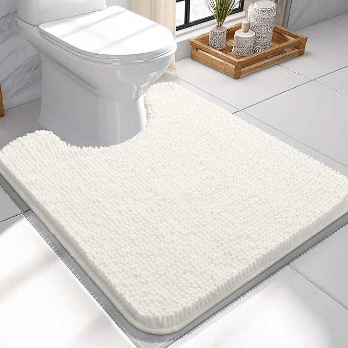 OLANLY Toilet Rugs U-Shaped 24x24, Extra Soft Absorbent Chenille Contour Bathroom Rugs for Toilet, Dry Quickly, Machine Washable, Non-Slip Bath Mat, Ivory
