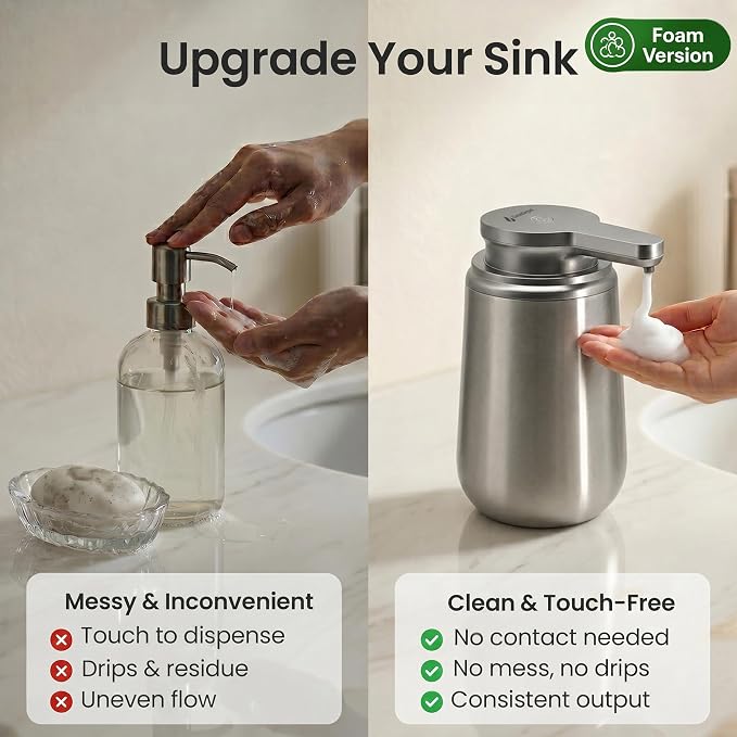 GentleJet NovaJet Automatic Foaming Soap Dispenser Touchless Sensor, USB-C Rechargeable, 304 Stainless Steel, IPX5 Waterproof for Bathroom Kitchen Sink, 12 oz / 350 ml
