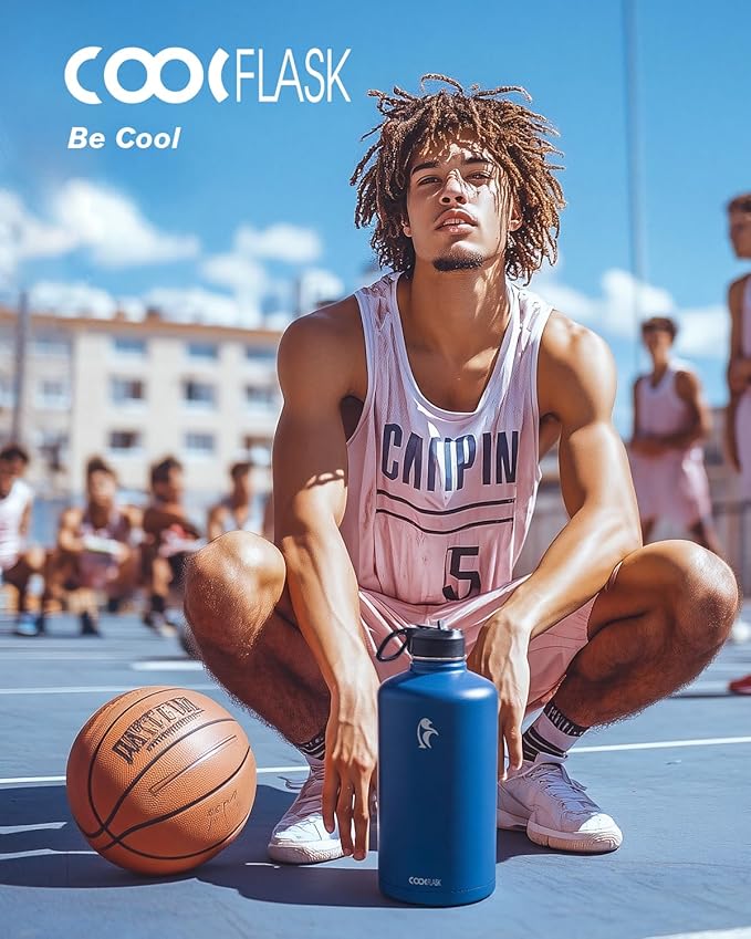 Coolflask 128 oz Gallon Water Bottle Insulated with Straw&3 Lids, Water Jug Large Stainless Steel Metal Vacuum Wide Mouth for Sports, Gym or Office, Non-BPA Keep Cold 48H Hot 24H, King's Blue