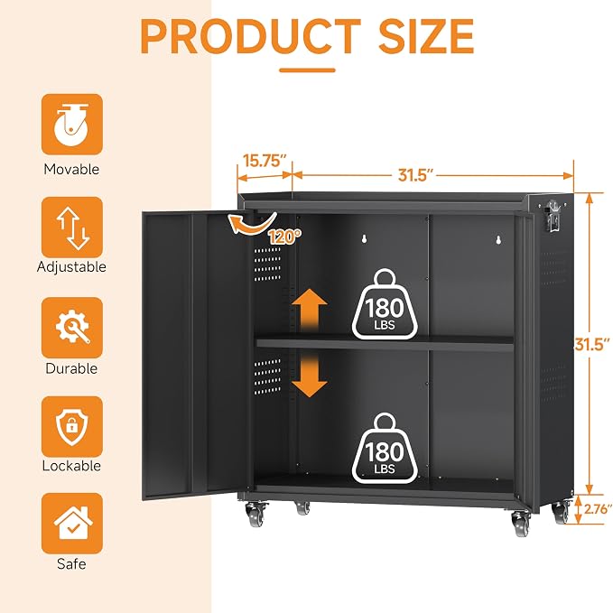 34" Metal Garage Storage Cabinet with Wheels, Adjustable Rolling Tool Storage Cabinet with Lock, Steel Locking Tool Cabinet with Doors and Shelves for Garage, Warehouse（Black）