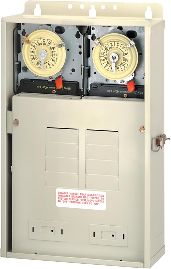 Intermatic T30404R Pool/Spa Control Panel, 100 Amp Load Center with Two T104M 24-Hour Timer Mechanisms, 8 Breaker Spaces, Raintight Outdoor Metal Enclosure