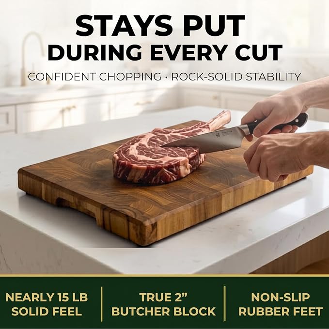 SHUMARU Old East Java Teak End Grain Cutting Board 18.1×12.2×1.6" Thick – Premium Heartwood Butcher Block, Knife-Friendly, Maximum Cutting Surface, Non-Slip Feet & Side Handles