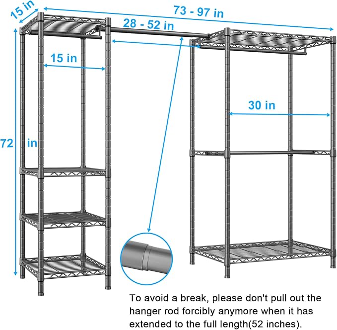Ulif E10 Clothes Rack（With Stretchable Hanger Rod）Freestanding Clothing Racks for Hanging Clothes，Adjustable Closet Organizer System，Portable Garment Rack 73-97" W x 15" D x 72" H，Max Load 800LBS，Grey