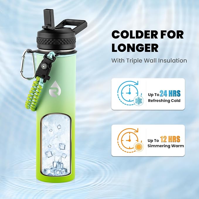 RAYMYLO Insulated Water Bottle 24 oz, Triple Wall Vacuum Stainless Steel (Cold for 24Hrs, Hot for 12Hrs), Leak Proof & Non-BPA, Modern Water Flask Jug with Paracord Handle & Straw Spout Lids