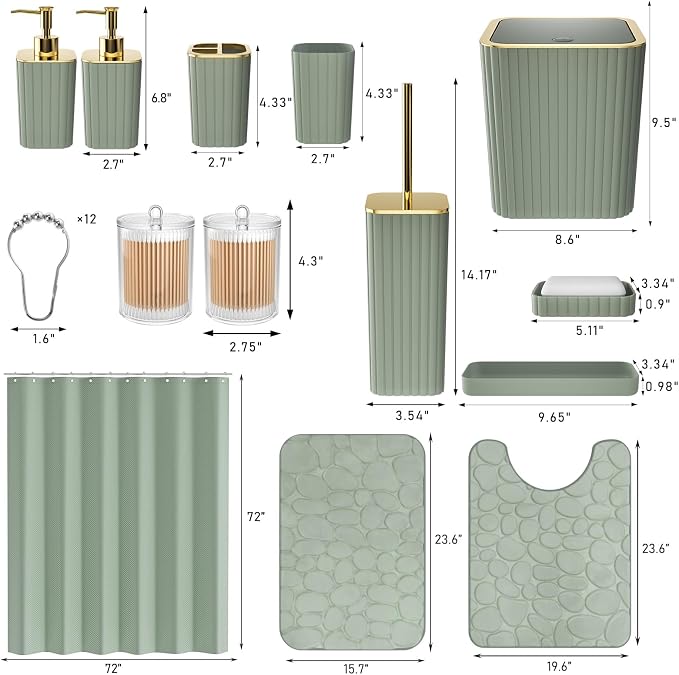 XLHOMO Bathroom Accessories Set - 25PC Sage Green Bathroom Set, Bathroom Set with Shower Curtain and Rugs, Sage Green Shower Curtain Set, Bathroom Accessory Set, Trash Can & Soap Dispenser