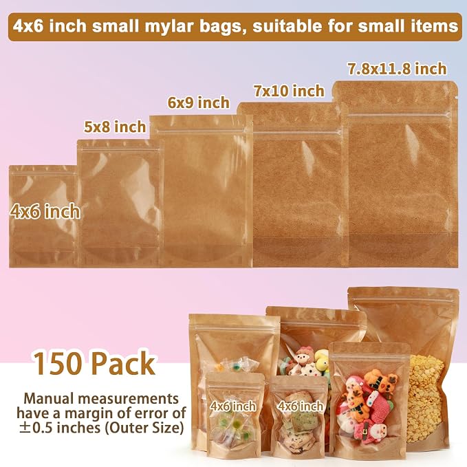 150 Pack Kraft Paper Bags with Clear Window 4x6 Reclosable Small Stand Up Mylar Bags for Food Storage Resealable Smell Proof Pouch, Edible Packaging, Reusable bags for Small Business
