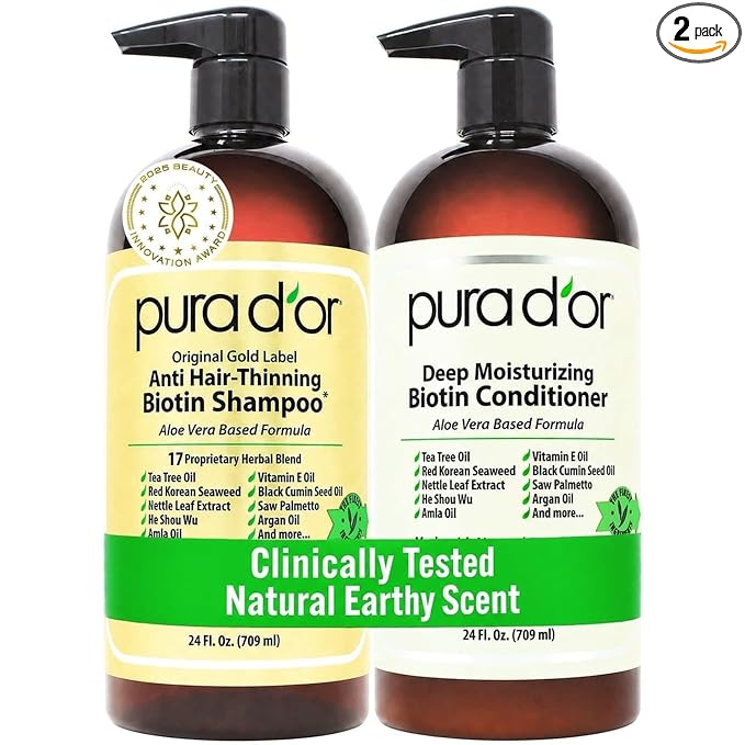 PURA D'OR Anti-Thinning Biotin Shampoo & Deep Moisturizing Conditioner Original Gold Label Set (24oz x2) Natural Earthy Scent, CLINICALLY TESTED Effective Results, Hair Thickening Product, Women & Men