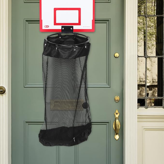 Wooden Basketball Hoop over Door Laundry Hamper Basket | Red Wood Backboard, Mesh Net and Iron Frame, Foldable Hanging Bag with Self Adhesive Hook for Laundry Room or Nursery