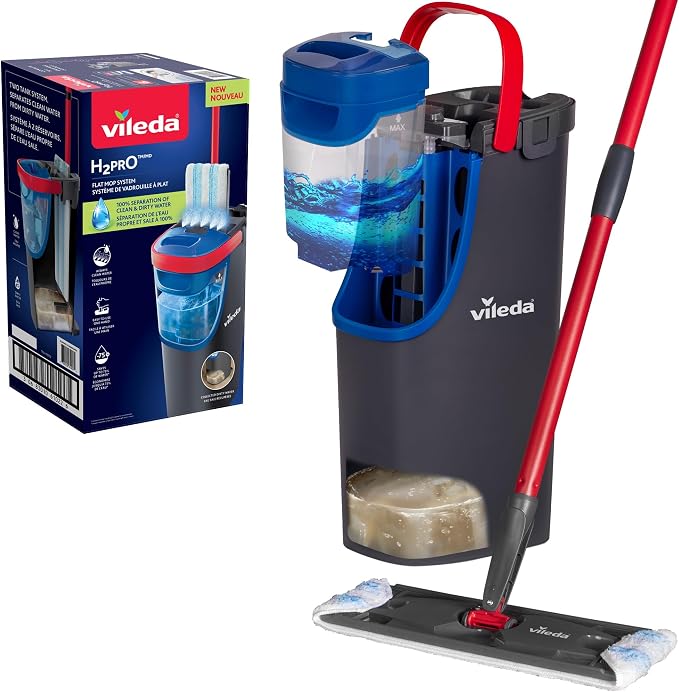 Vileda H2prO Flat Mop & Bucket Set | Cleans floors, walls & baseboards | Keeps clean & dirty water separate | Compact | Washable microfiber mop head