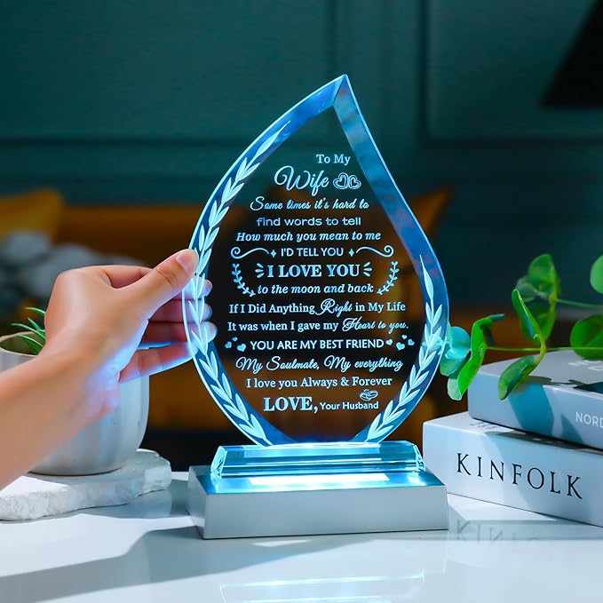 QIANWEI Mothers Day Gifts for Wife I Love You for Her Glass Plaque Keepsake Wife Romantic Gifts from Husband Anniversary Birthday Christmas Presents for Women with Colorful Led Base