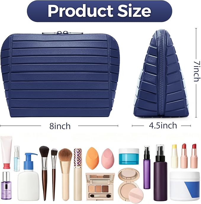 Travel Makeup Organizer Bag with Fold-Down Design and Adjustable Dividers, 27 Pockets & 3 Brush Storage Holders, Large Capacity Cosmetic Bags Toiletry Case - Navy Blue