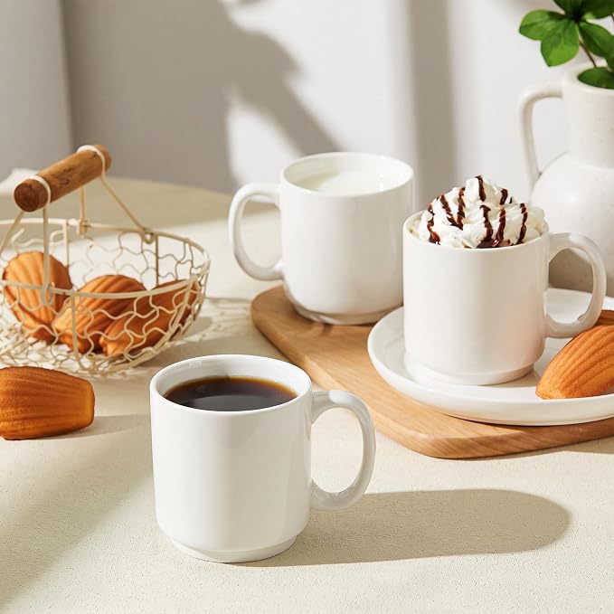 Sweese Stackable Coffee Mugs Set of 6, 16 Oz Large Porcelain Cups for Coffee, Latte, Tea & Hot Drinks, Space-Saving Stackable Design, Microwave & Dishwasher Safe, White