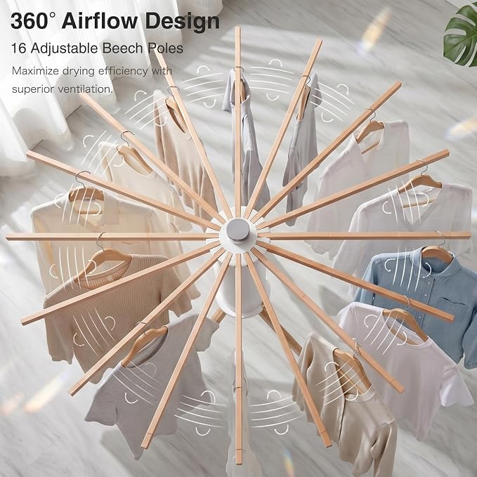 Foldable Clothes Drying Rack, Laundry Drying Rack Collapsible, 16-Pole Solid Beech Wood Tripod Clothes Drying Rack, Portable Clothes Drying Rack, Indoor/Outdoor Clothes Drying Rack
