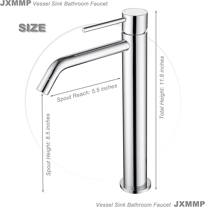 Chrome Tall Bathroom Faucet with Sink Drain and Supply Lines, JXMMP Single Handle Vessel Sink Faucet Chrome Single Hole, Stainless Steel Vessel Faucet JXM1001CP