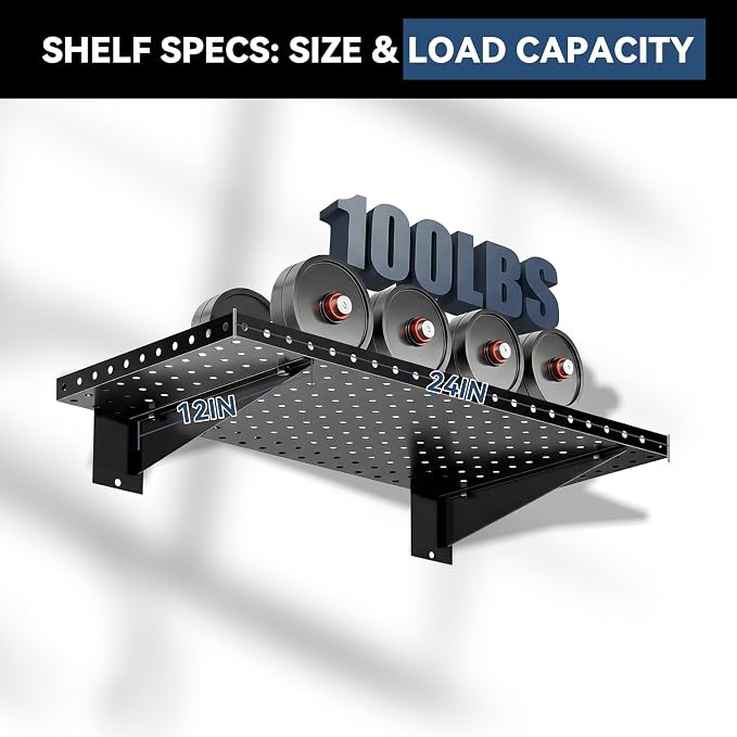 Garage Wall Shelving 2-Pack, 24"x12" Wall Mounted Shelves, Heavy Duty Shelves for Garage Storage, Holds Up to 100 lbs, Black