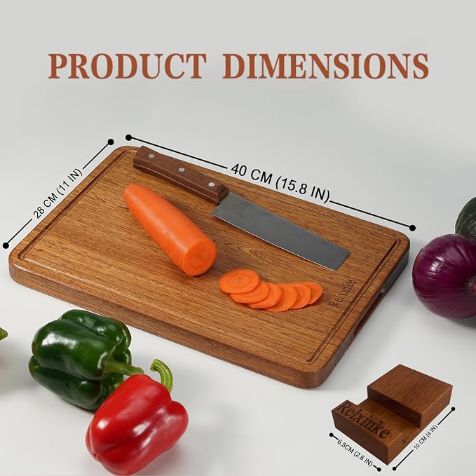 Solid Teak Wood Cutting Board One Piece Non Glued Large Thick Crack Resistant Wooden Chopping Board with DeepJuice Grooves Built in Handles for Kitchen Meat Vegetables Chese 15.8 X 11 Inch