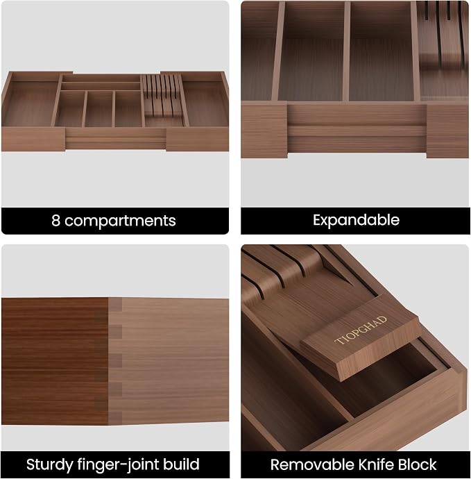 TIOPGHAD Bamboo-Silverware-Drawer-Organizer-Kitchen, Expandable Utensil Holder Cutlery Tray Flatware Organization Adjustable Wood Tableware Dividers Storage (with Removable Knife Block)(Brown)