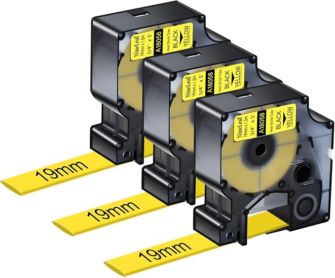 NineLeaf 3 Pack Compatible Labels Tape Replacement for Dymo 18058 3/4 inch Black on Yellow Heat Shrink Tube Labels 19mm x 1.5m for Wires and Cables Use in Rhino 4200 5200 5000 6000 3M Label Maker