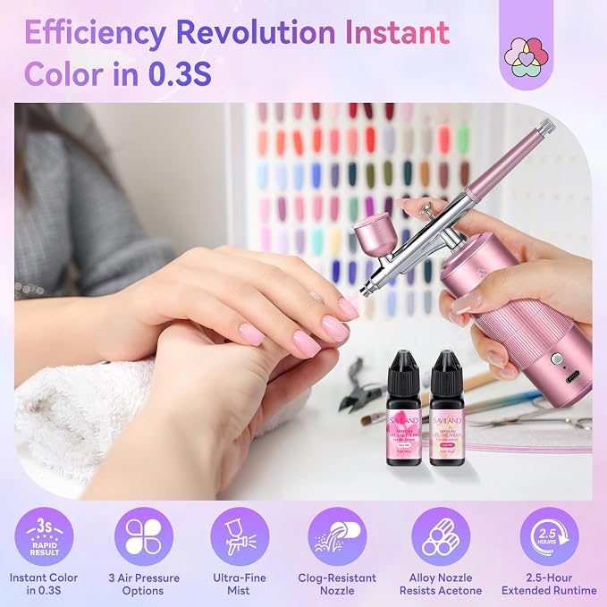 SAVILAND 30 PSI Airbrush Kit: 3X Instant Atomization Airbrush for Nails Limitless Nail Art Creativity Salon-Perfect Results Three-Mode 0.3S Instant Color Airbrush for Ombre French Paint Set