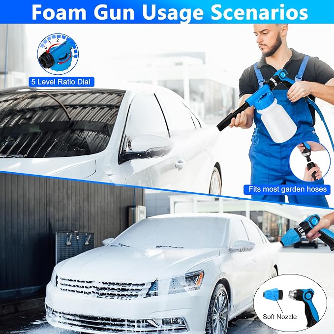 THINKWORK Car Wash Kit, Car Detailing Kit with Foam Gun, Car Wash Brush Mop and Large Folding Bucket Suitable for Car Cleaning, Blue Car Wash Set Gift for Men and Women