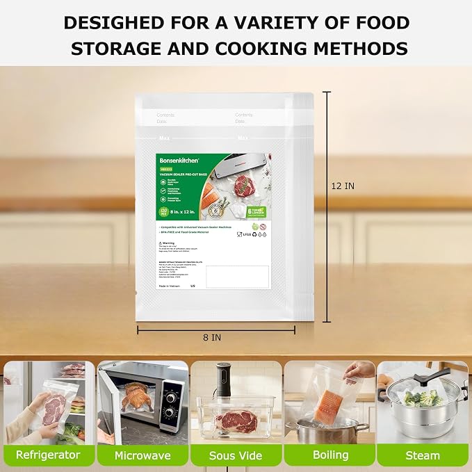 Bonsenkitchen Precut Vacuum Bags 120 Quart 8" x 12" | BPA Free, Textured Food Sealer Bag, Thick Embossed, Sous Vide Cooking Bags for Storage