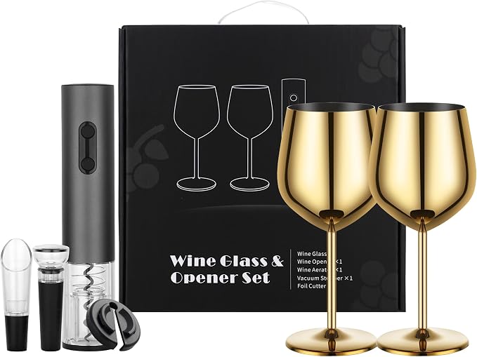 Wine Opener Electric Rechargeable, Automatic Corkscrew Set, Including Gold Wine Glass of 2, Stainless Steel Goblet, Ideal Gift for Wine Lover, Wedding, Birthday, Girl, Men