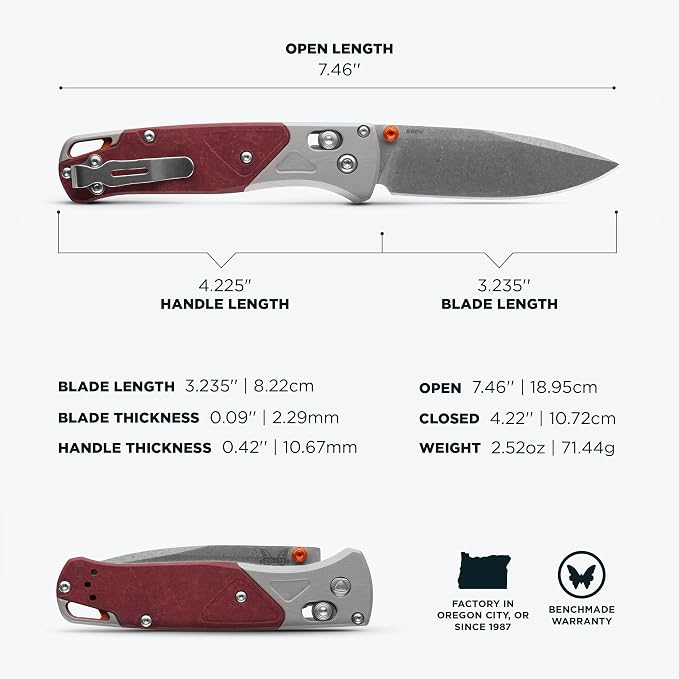 Benchmade Bugout EDC Knife, S90V Steel Blade (535-09) | Ash Gray / Redstone handle, Drop-Point blade