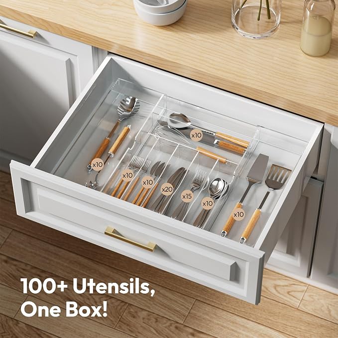 NIUBEE Expandable Kitchen Drawer Organizer for Flatware and Utensils,Clear Acrylic Adjustable Silverware Tray for Drawer,Office,Bathroom Supplies-9 Compartments