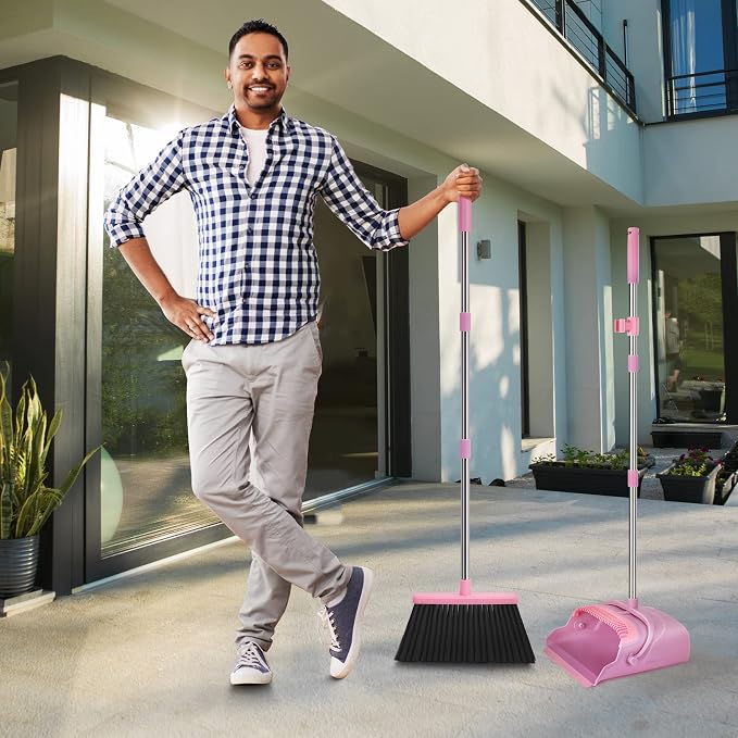 Broom and Dustpan Set for Home, Office, Indoor&Outdoor Sweeping, Stand Up Broom and Dustpan (Pink)