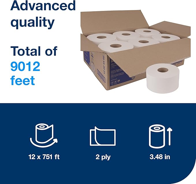 Tork Mini Jumbo Toilet Paper Roll White T2, Advanced, 2-Ply, 12 x 751', 12024402