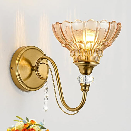 1 Piece Vintage Wall Sconce, 1-Light Brushed Gold Finish Wall Sconce with Hanging Crystal Accents and Flower-Shaped Amber Shades for Bathroom Bedroom Living Room,Vintage Vanity Light