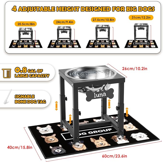 ADENGL 0.8 Gallon Elevated Dog Water Bowl for Medium Dog, 4-Height Adjustable (8–12.2'') Raised Stainless Steel Bowl with Spill-Proof Mat & Sturdy Metal Stand, Easy-Clean Feeder for Indoor/Outdoor Use