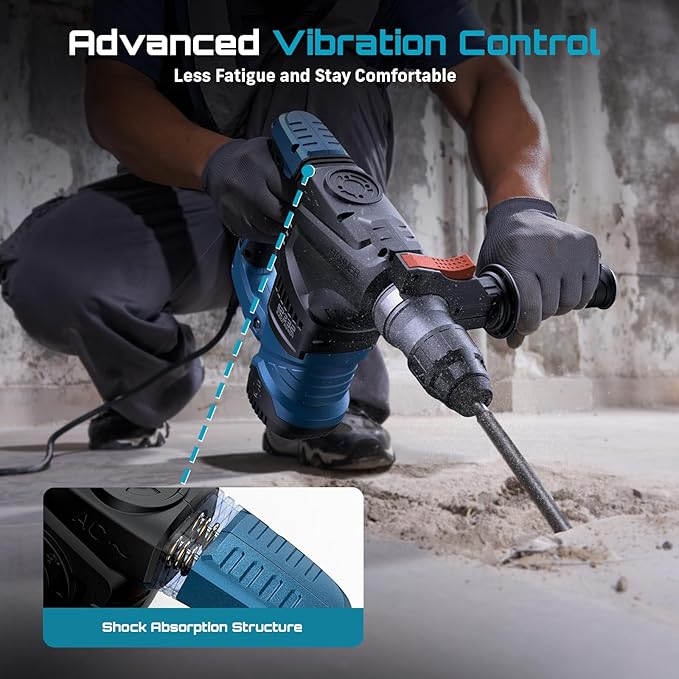 Seesii Heavy Duty Rotary Hammer: 13 Amp 1-1/4" SDS-Plus Demolition Hammer Drill for Concrete, Brick & Stone, 6J Power with 4 Functions, Safety Clutch & Reduced Vibration, with Drill Bits and Chisels