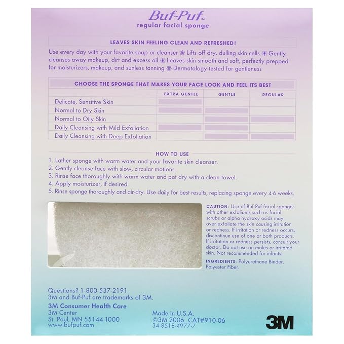 Buf-Puf Facial Sponge, Dermatologist Developed, Removes Deep Down Dirt & Makeup That Causes Breakouts and Blackheads, Reusable, Exfoliating, White, 3 Count