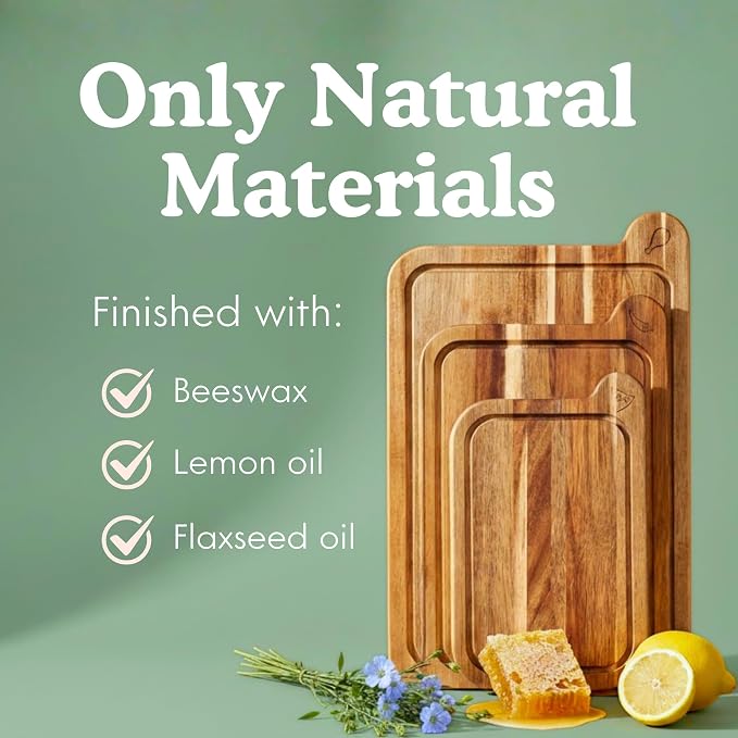 Non-Toxic Acacia Cutting Board Set of 3, Mineral Oil Free, Plastic Free | Petroleum free. No BPA. FSC-certified wood. 3 sizes: 17x11, 14x9 & 11x7 in. Beeswax, flaxseed & lemon oil finish.