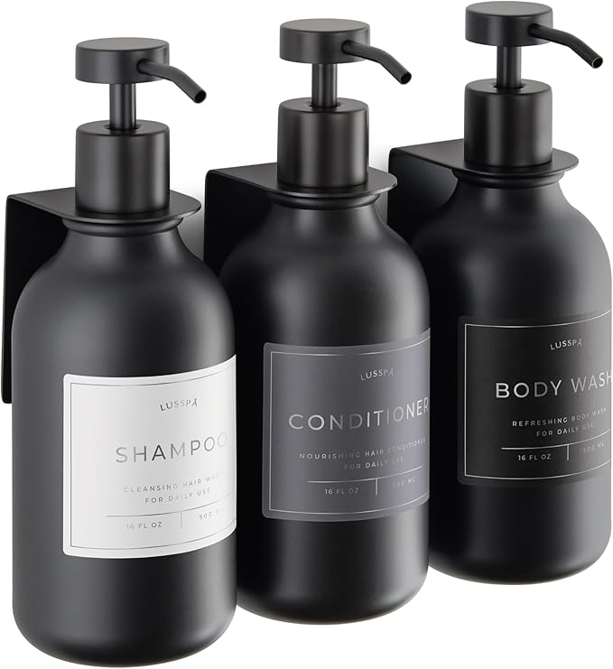Shower Shampoo Dispenser Wall Mounted – 3 Refillable 16.9 oz Black Bottles with Stainless Steel Pumps & No-Drill Adhesive Holders – Soap Dispenser Set for Bathroom (3 X Black)