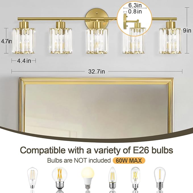 Crystal Bathroom Light Fixtures,Bathroom Lighting Fixtures Over Mirror, Modern 5-Light Gold Vanity Lights for Mirror, Restroom,Kitchen(Ceramic E26 Socket,Bulbs Not Include)
