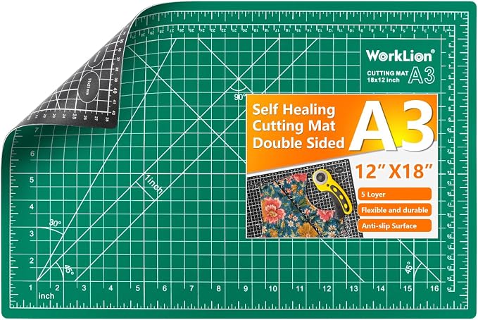 Worklion Self Healing Craft Mat: 18"x12" Rotary Cutting Mat for Sewing,Quilting,Leather,Craft,Fabric,Model,Art,Clay,5-layer 2-sided Cutting Mat, green and black