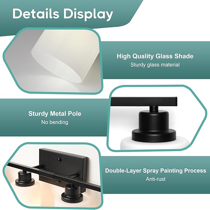 Ascher Bathroom Light Fixtures, 4-Light Vanity Light Over Mirror, Matte Black Wall Sconces with Milky White Frosted Glass Shades, Wall Lamp for Living Room Bedroom, E26 Base(Bulbs Not Included)