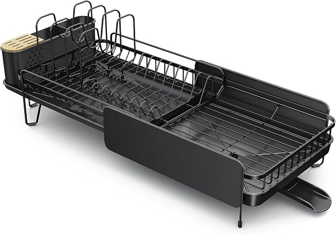 Large Expandable Dish Drying Rack for Kitchen Counter, 19.3-29.4 in, Black | Family Size Capacity, Adjustable Dividers for Pan, Lid & Cutting Board, Stainless Steel, Rotating Spout, Utensil Holder