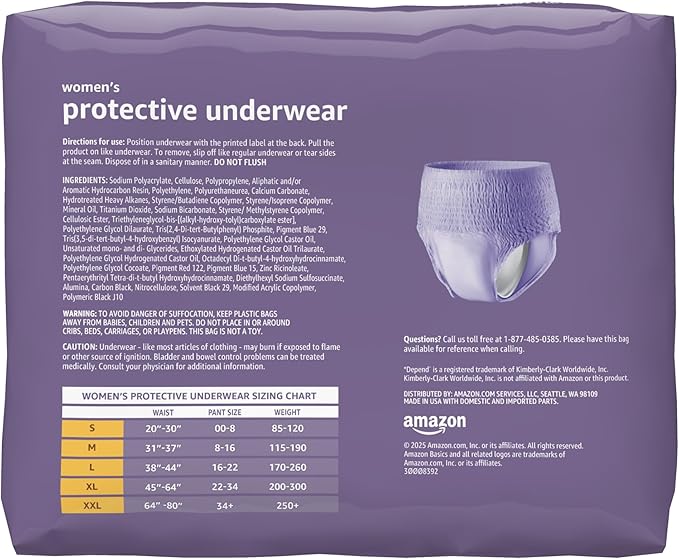 Amazon Basics Postpartum Incontinence Underwear for Women, Maximum Absorbency with Bladder Leak Protection, Fresh Protection, Disposable, Large, Lavender, 18 Count