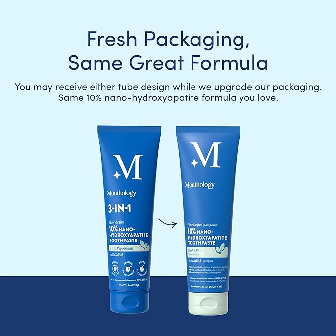 Mouthology 10% Nano Hydroxyapatite Toothpaste (3pk, Fluoride Free), Whitening*, Supports Enamel Care*, Appropriate for Sensitive Teeth*, SLS Free, Xylitol nHA Toothpaste Adults, Mint 4oz (USA Made)