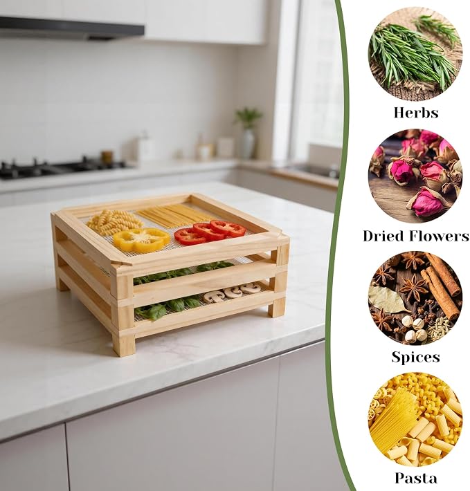 11.8in Square Wooden Herb Drying Rack, Stackable Mesh Countertop Dryer | No-Drill Mesh Rack Dried Herbs,Flowers, Pasta & Veggies.Compact Apartment Kitchen Essential, Practical Gift For Home Cooks