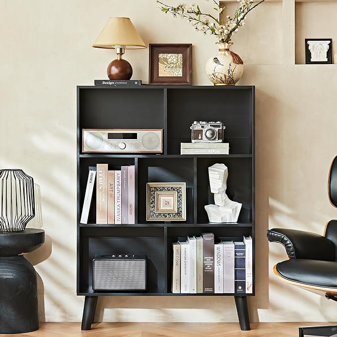 LEYAOYAO Cube Bookshelf, Mid-Century Modern Book Shelf with Legs, Black | 3 Tier Bookcase, Rustic Wood Bookshelves Freestanding Small Storage Organizer, Open Shelves for Bedroom, Living Room, Office