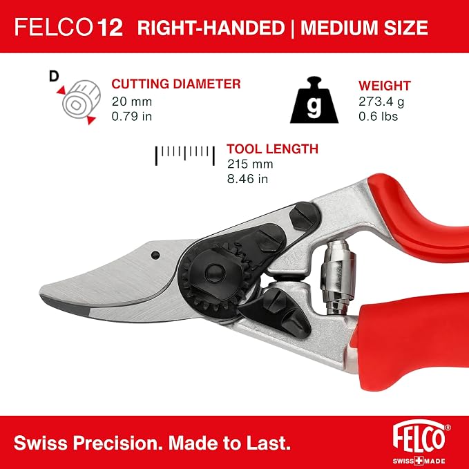 Felco F-12 Pruning Shears – 7.9" Garden Clippers with Anvil & Bypass Blades | Hand Pruners for Gardening | Garden Tool Cutter with Forged Aluminum Handle, Alloy Steel Blade, Medium Hand Fit