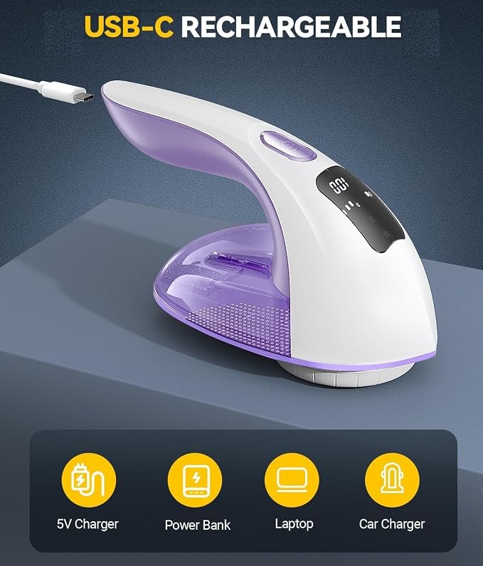 Ruidla Rechargeable Fabric Shaver and Lint Remover, 3-Speed Adjustable | Sweater Shaver with 6-Leaf Replaceable Stainless Steel Blades, 2.6Inch Large Mesh,Removable Bin for Clothes Fuzz,Lint(Purple)