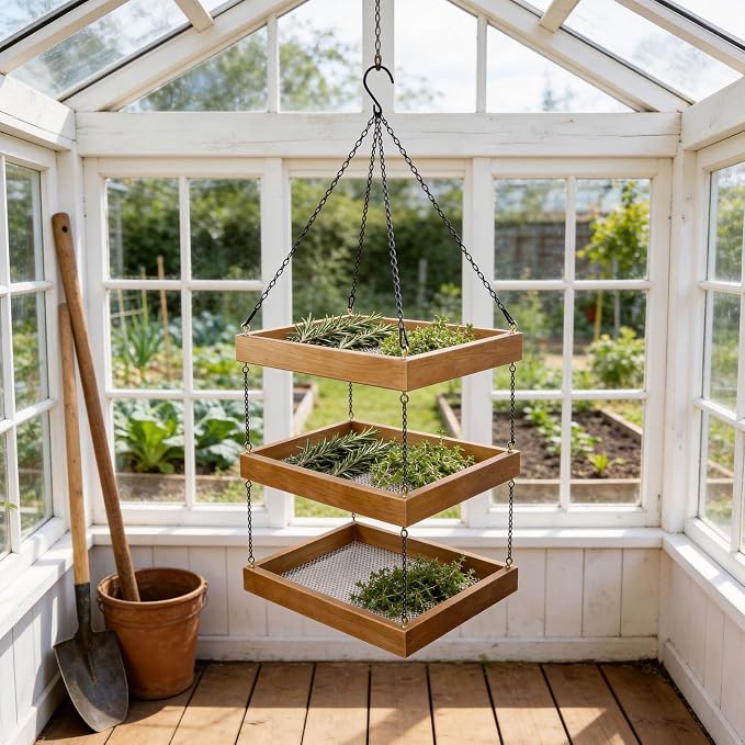 Tnstbiee 3-Tier Hanging Wooden Herb Drying Rack, Compact Mesh Flower Dryer | 13.75"x9.84" Mesh Herb Dryer. Space-Saving For Herbs, Pasta & Blooms, Perfect For Craft Rooms, Sunrooms, Gift For Gardeners